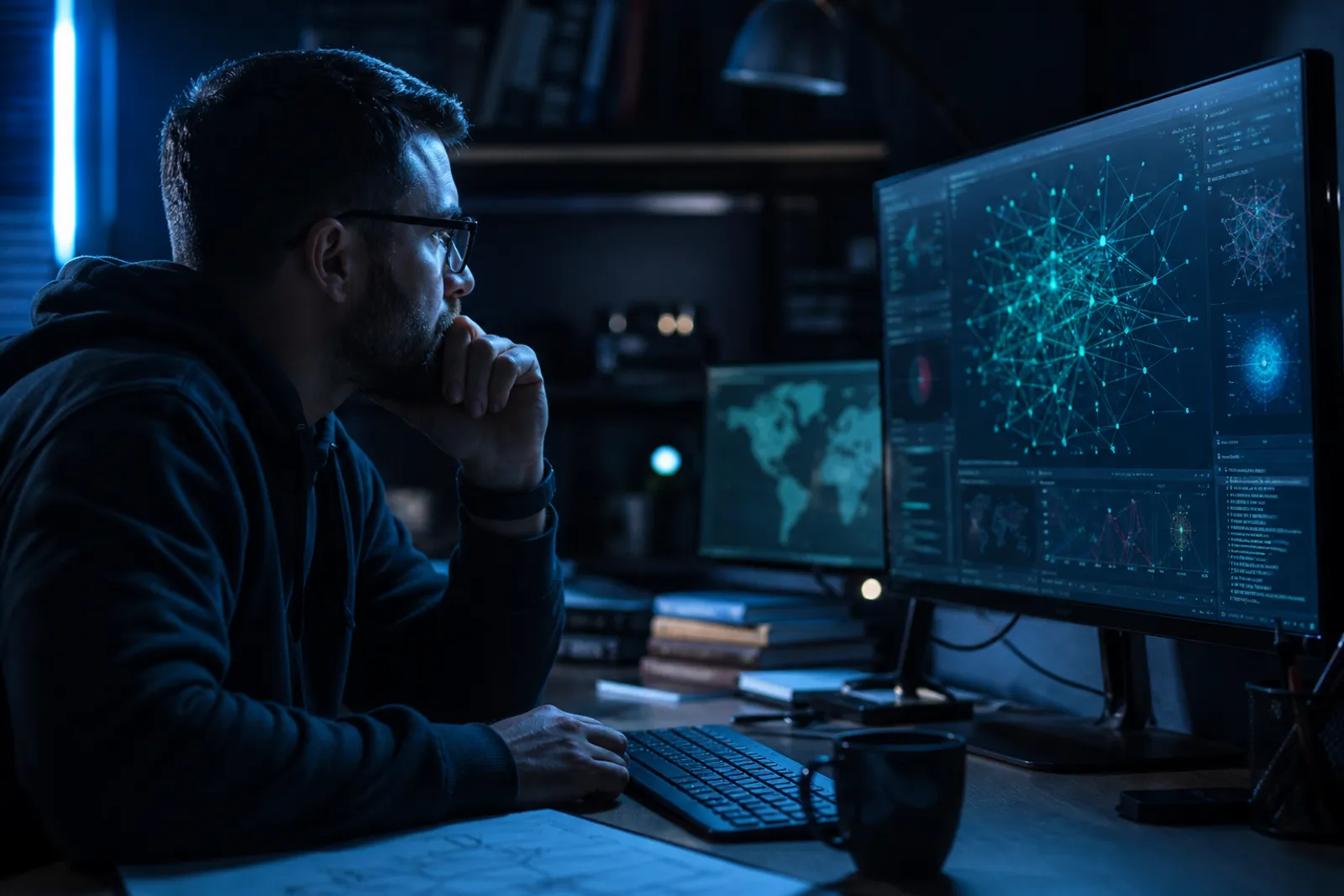 A researcher deeply engaged in exploring .onion websites in a tech-savvy environment.