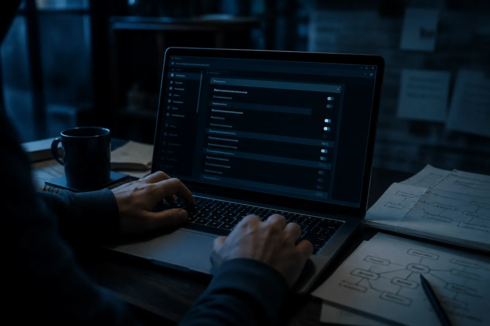 A user is adjusting privacy settings on the Tor Browser in a dimly lit setting.