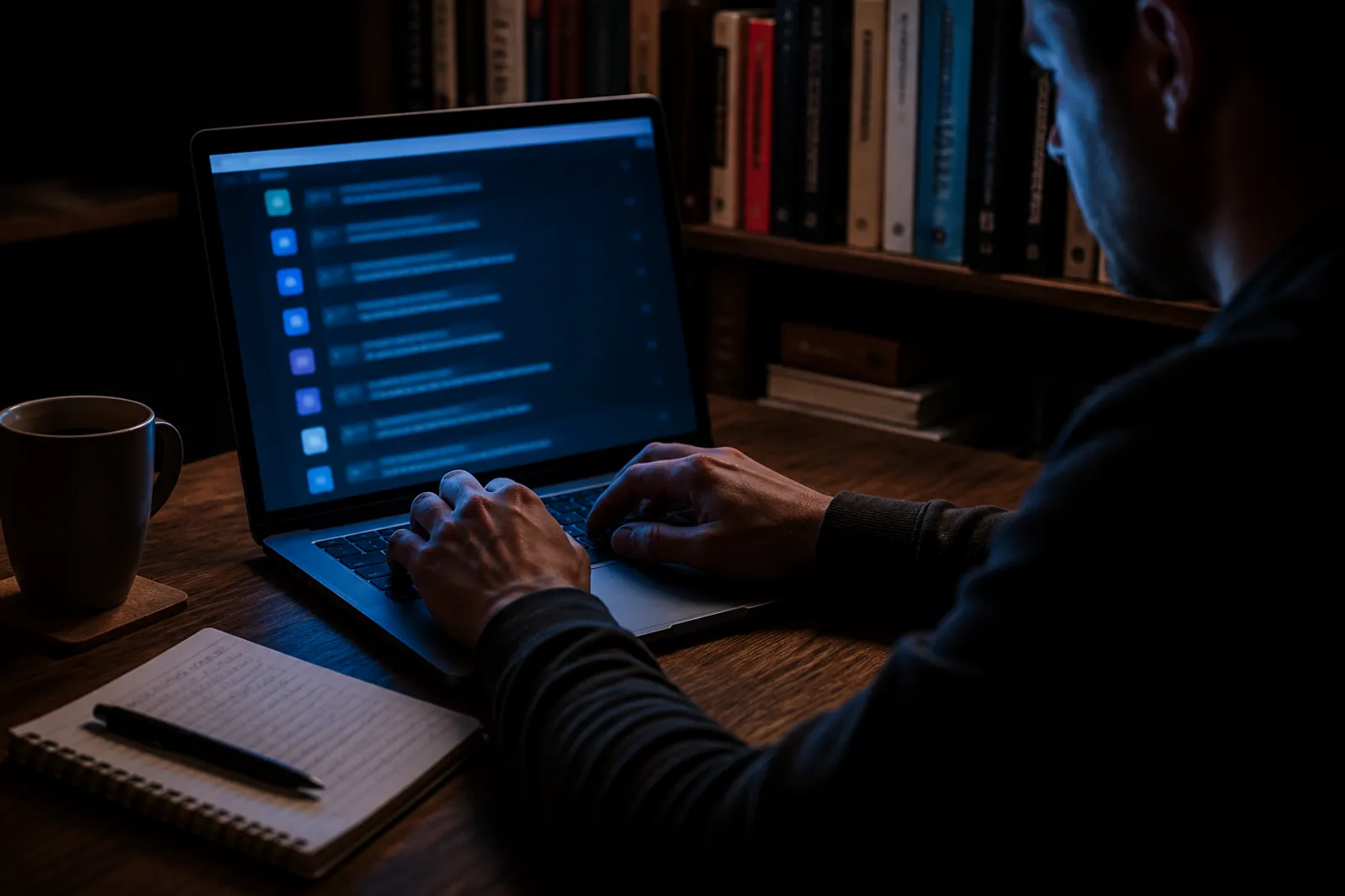 A user is verifying a Torch onion link on their laptop in a dimly lit room.
