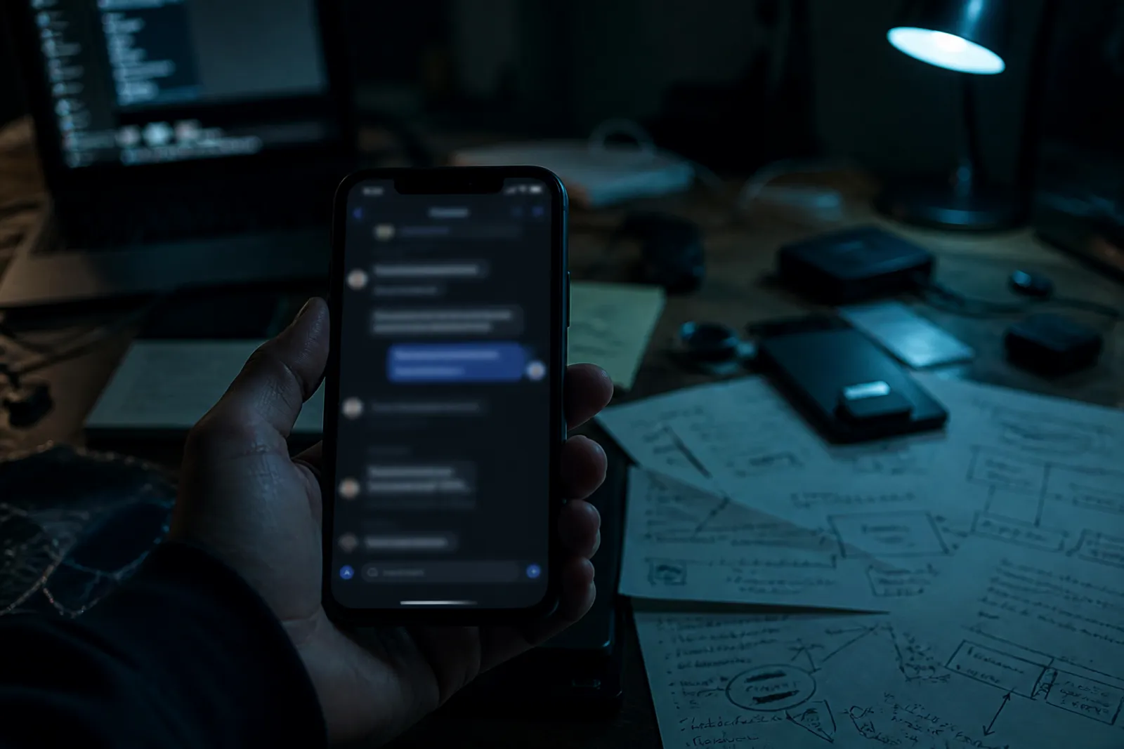 A user shares .onion links through Telegram in a dimly lit environment.