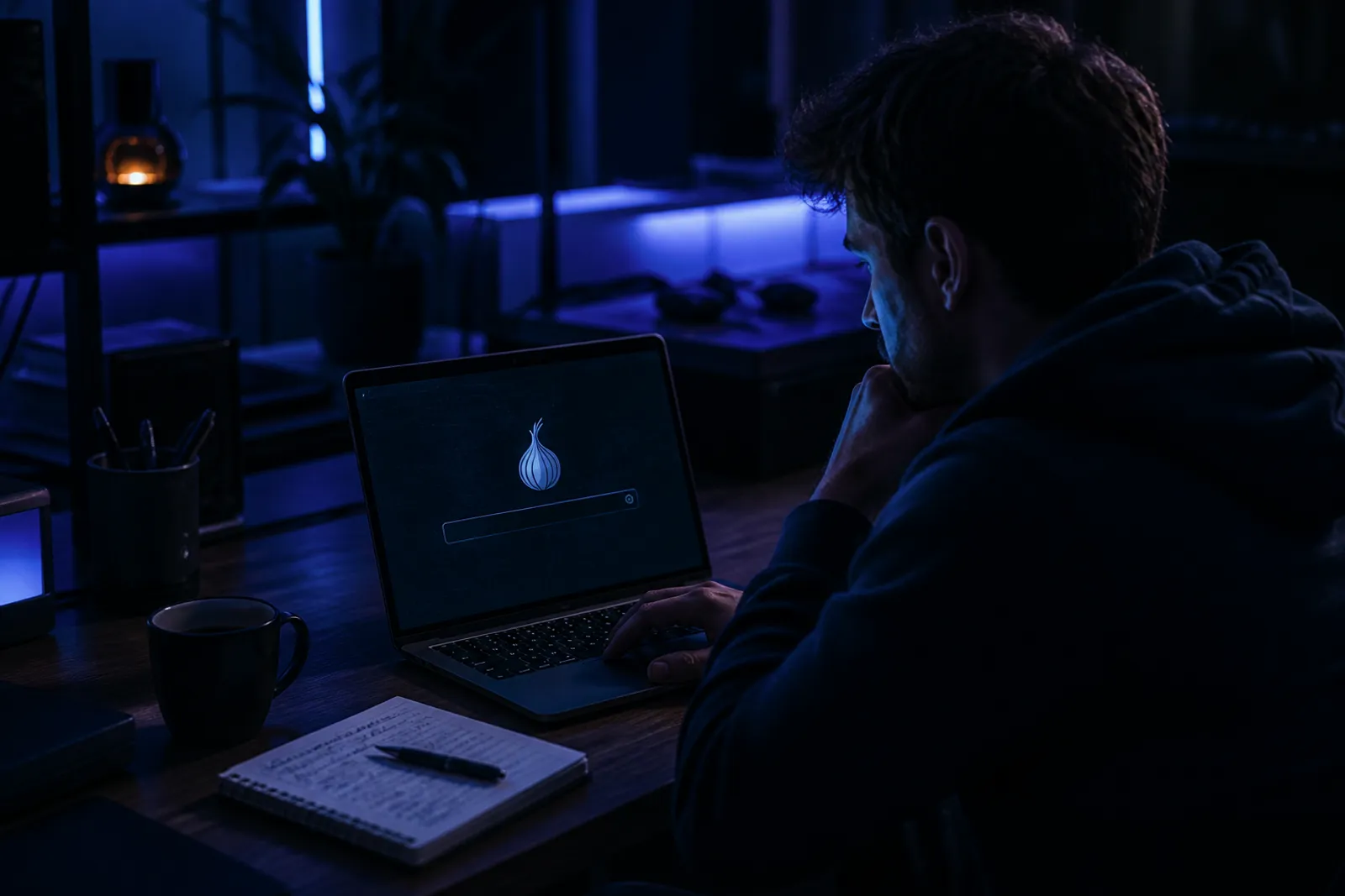 A user focused on their laptop, accessing OnionLand search engine in a dark home office.