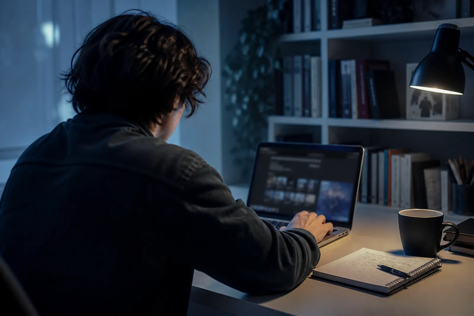A researcher studies ethical aspects of the dark web in a cozy office.
