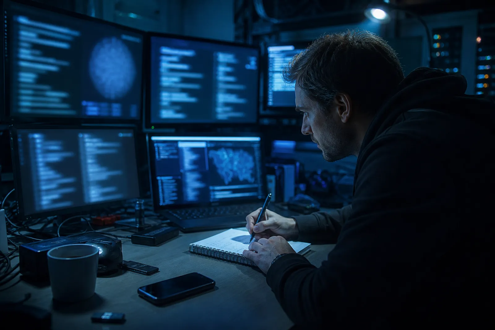A researcher examines dark web resources on multiple blurred screens in an office.