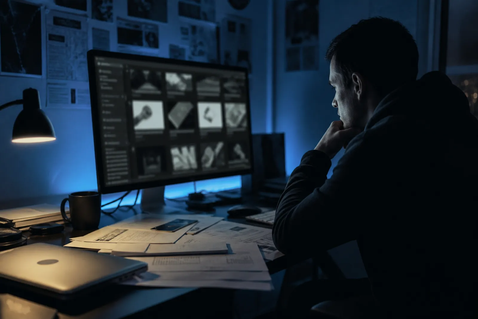A user analyzing a dark web marketplace on a desktop in a dimly lit room.
