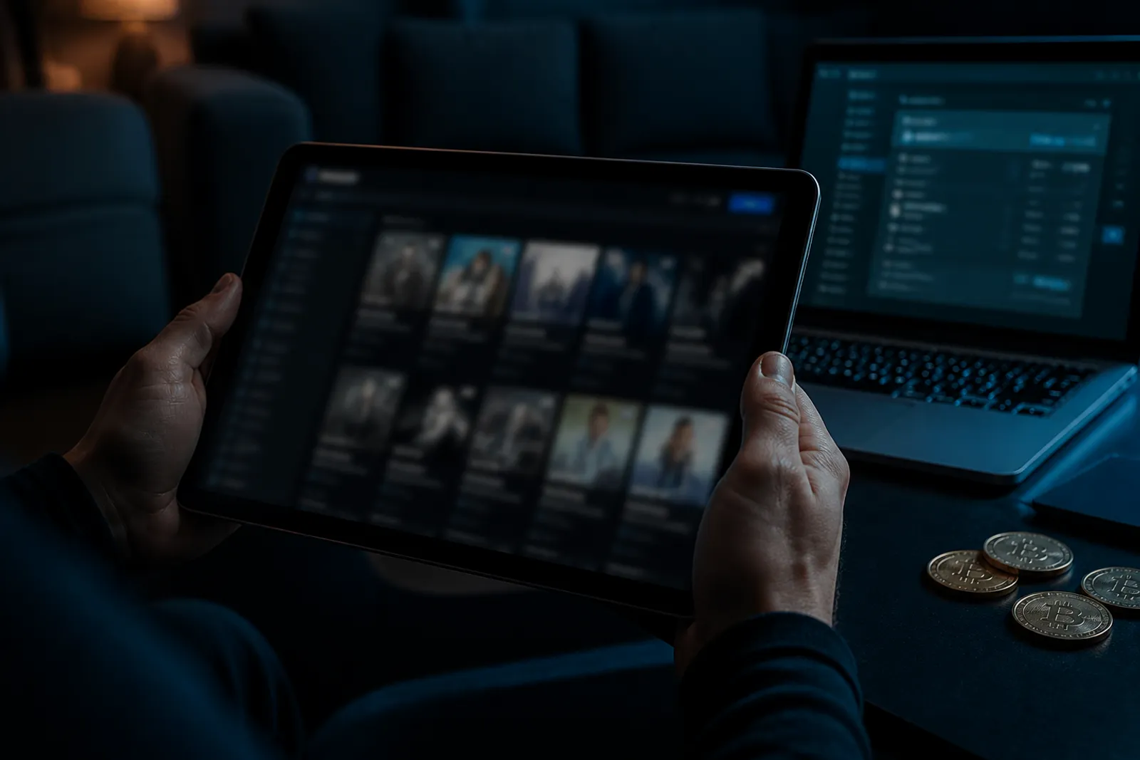 A person explores dark web marketplace links on their tablet in a dimly lit room.