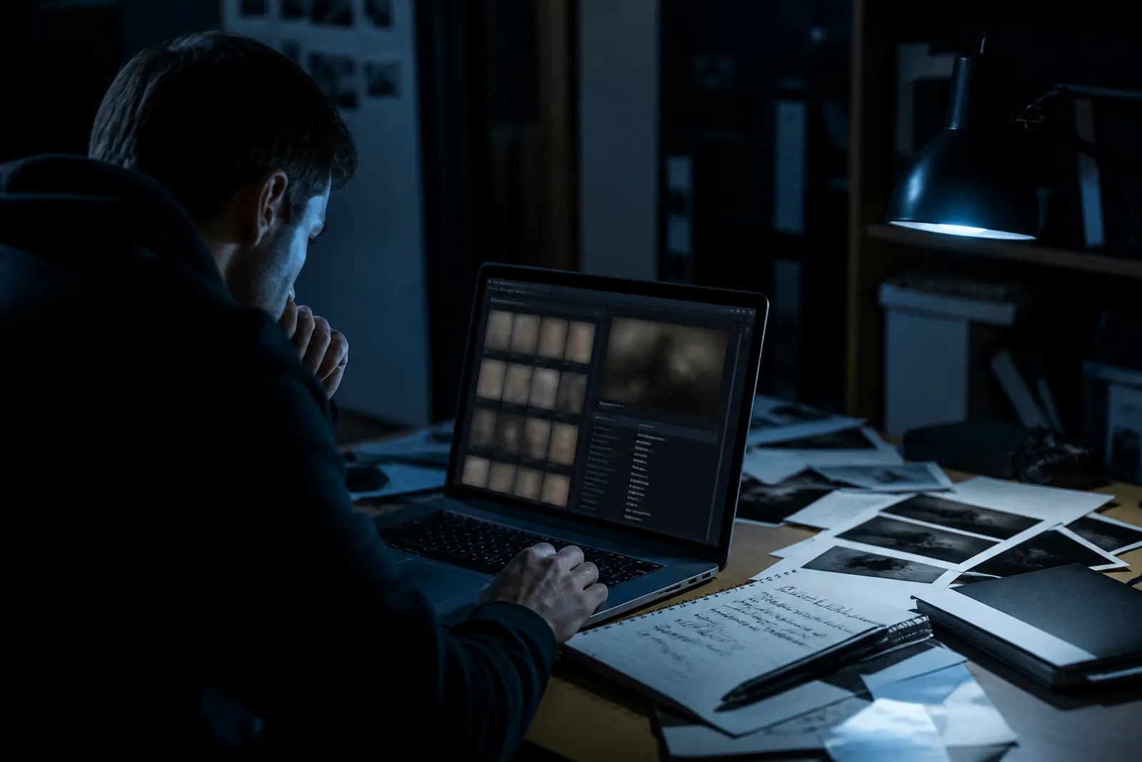 A researcher examining image metadata related to dark web content.
