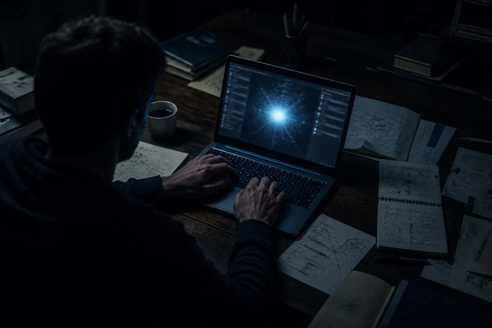 A person carefully analyzing .onion addresses on a secure laptop in a dark room.