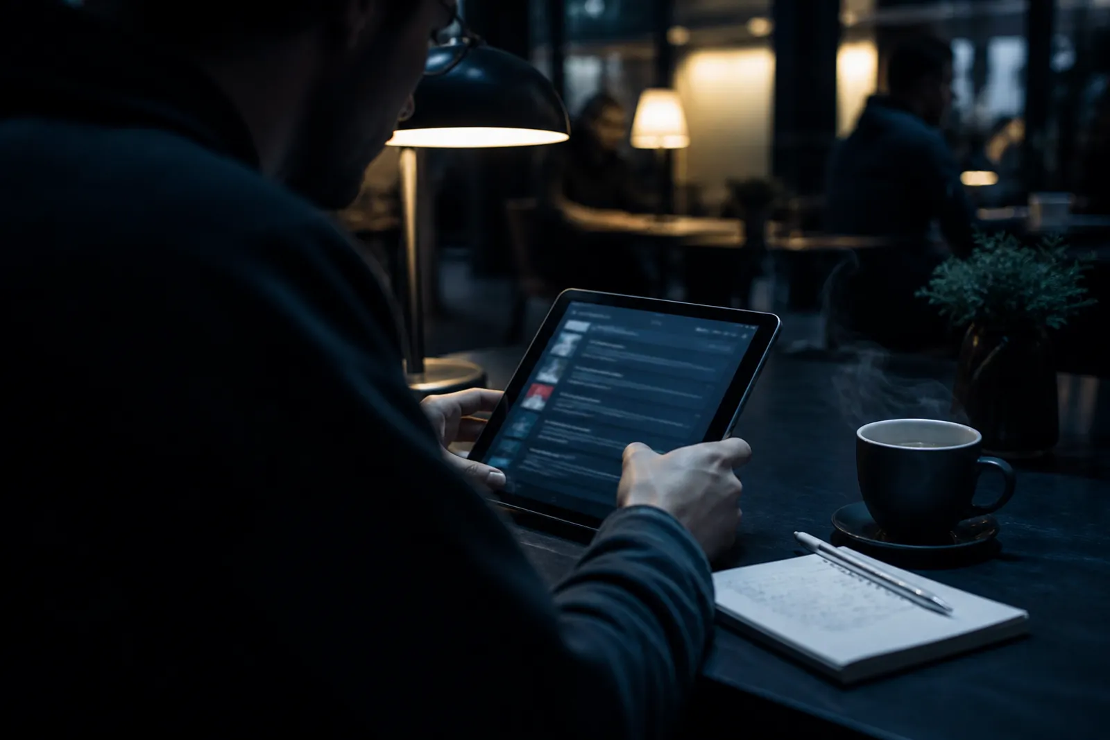 A user browsing a curated list of .onion sites on a tablet in a café.