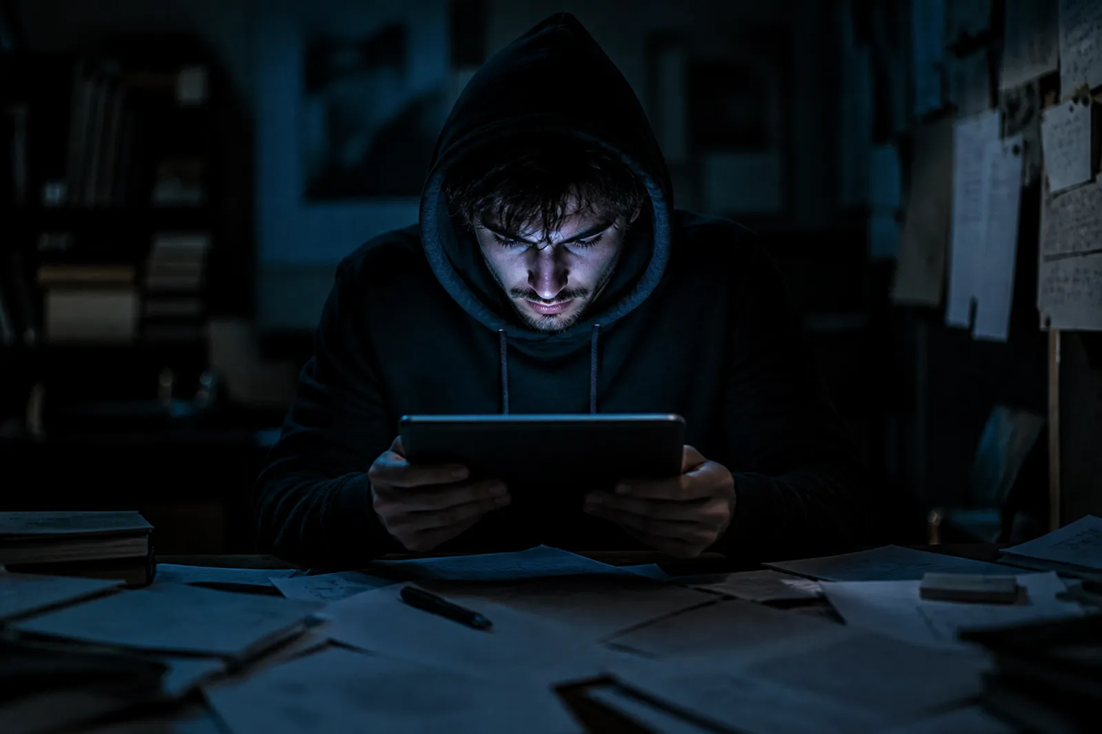 A user examines the HiddenWiki on a tablet in a softly lit room.