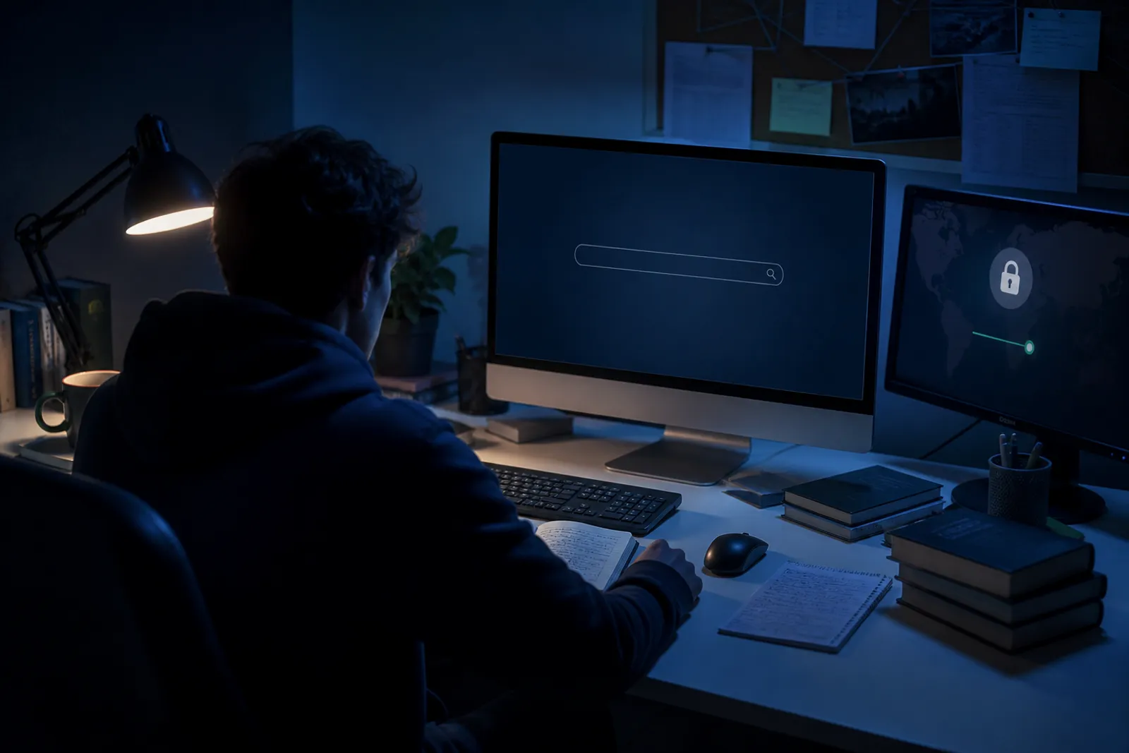 A user deeply engaged in searching the dark web using Haystak on a desktop.