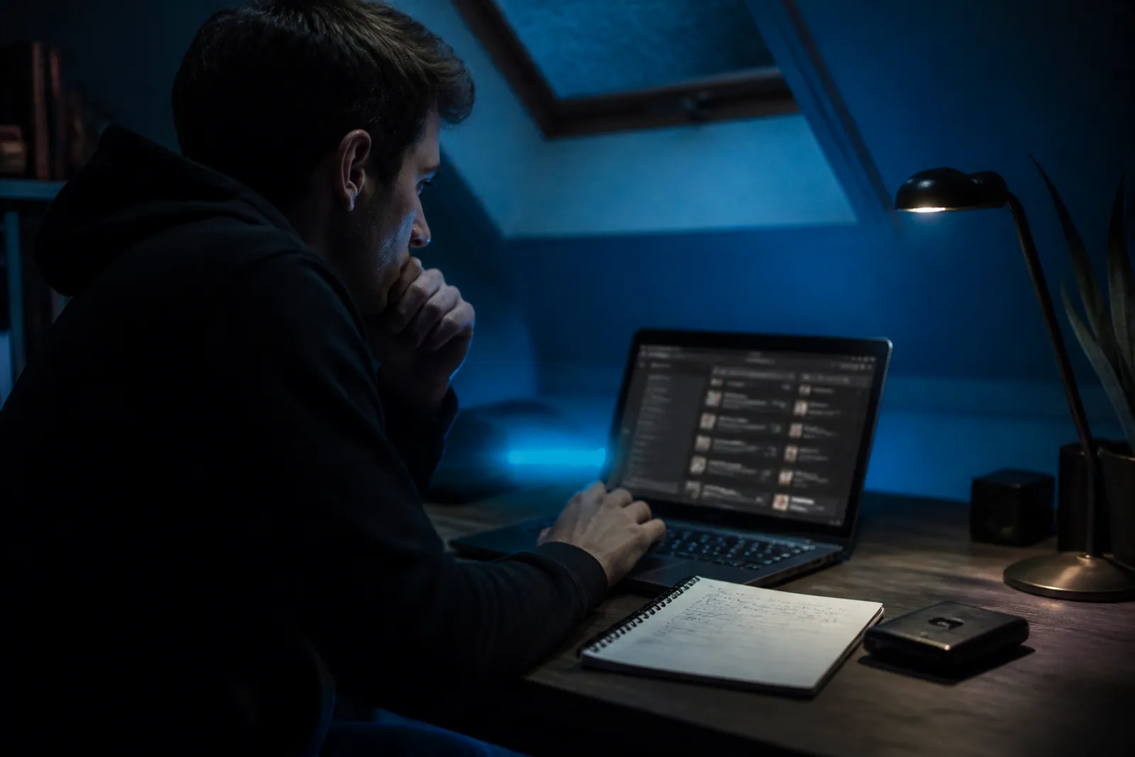 A person analyzing vendor reviews on a dark web marketplace in a dimly lit room.