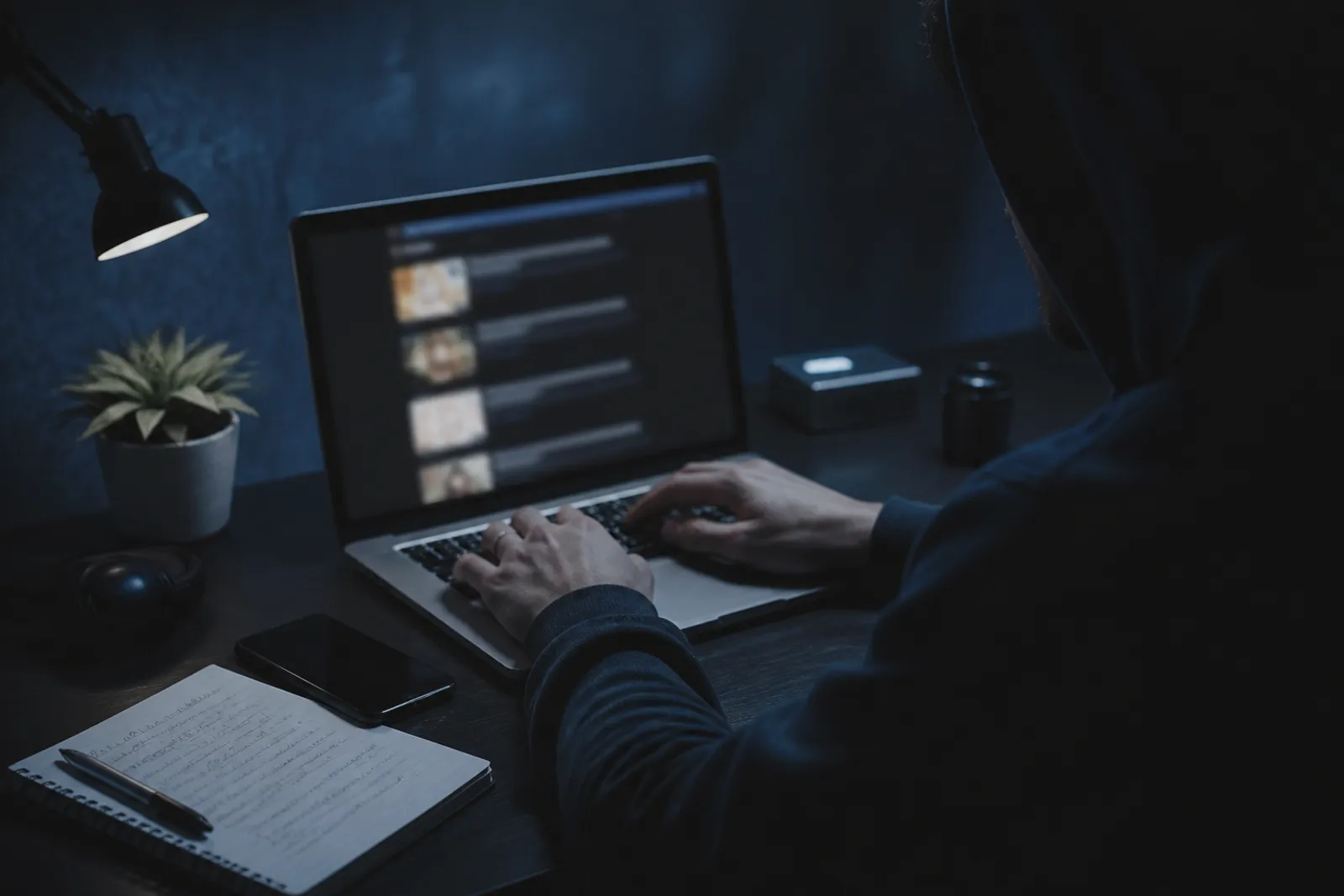 A focused user analyzing search results from the darknet on a laptop.