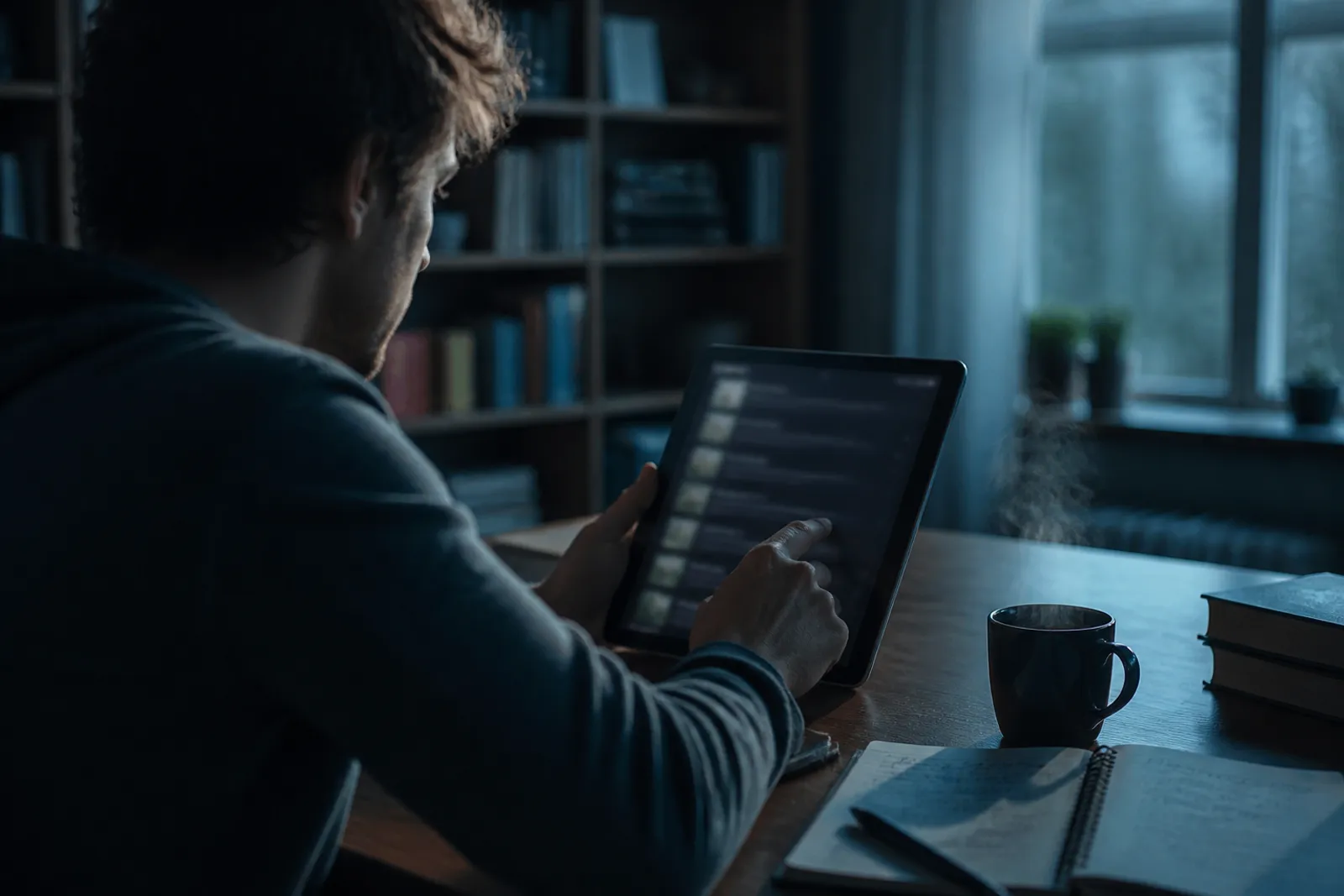 A user engages with Tor search engine links on a tablet in a cozy room.