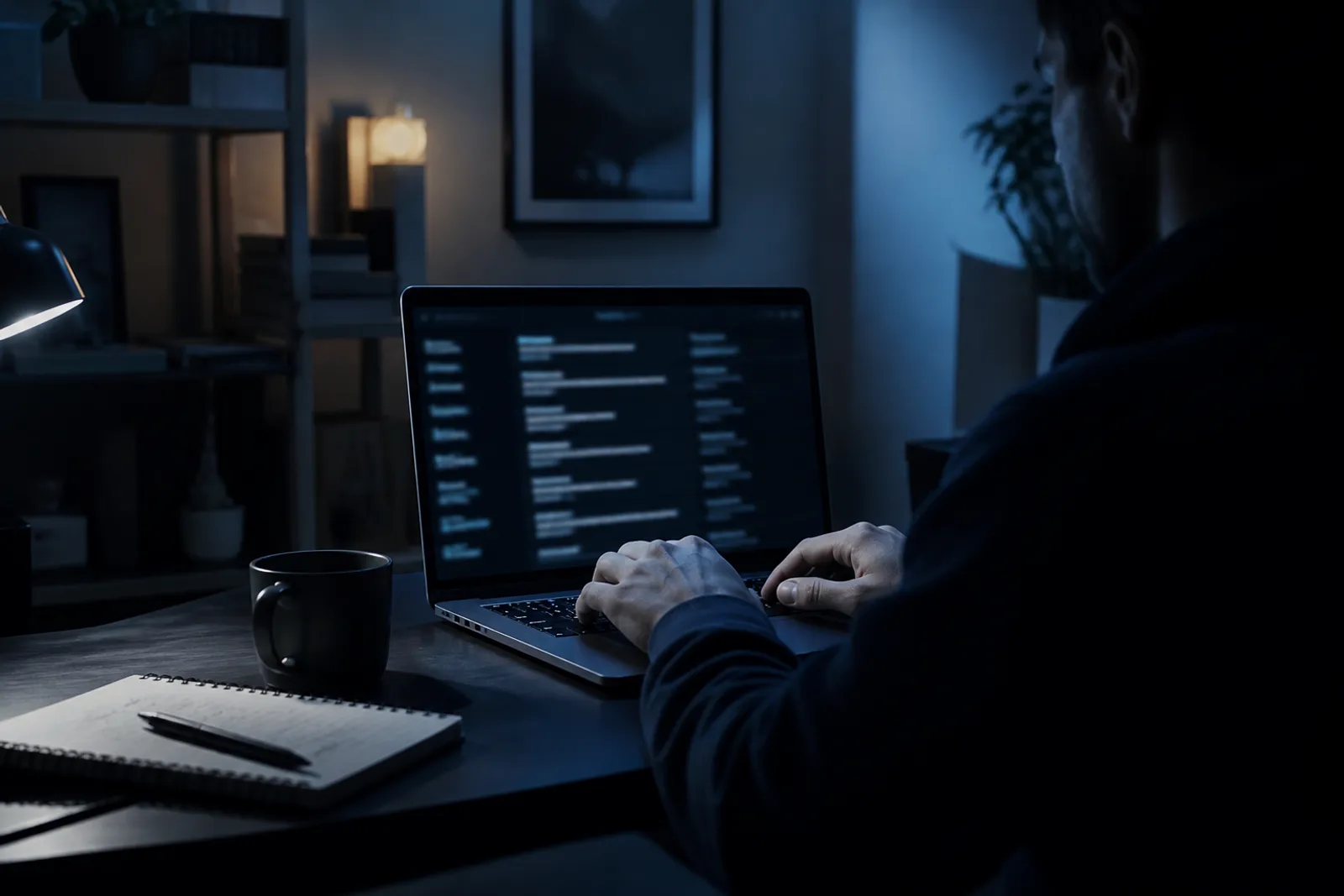 A user navigating a dark web directory on their laptop in a cozy office.