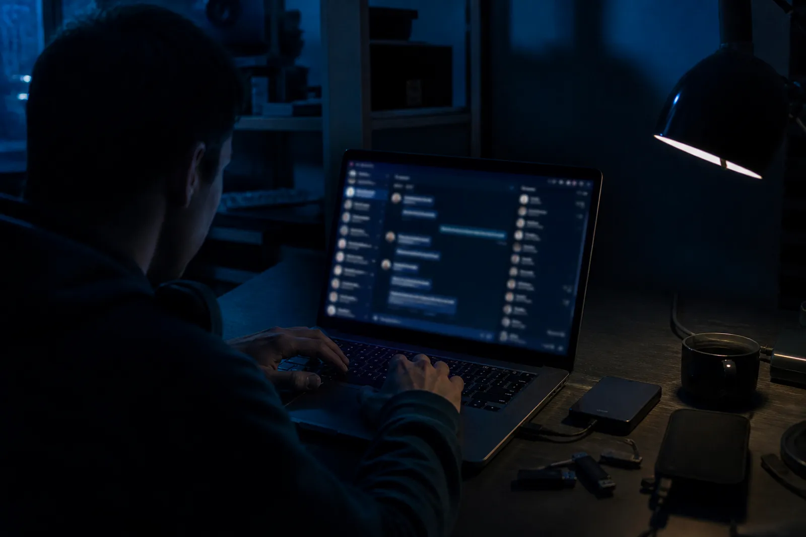A user engaged in an anonymous chatroom conversation on their laptop.