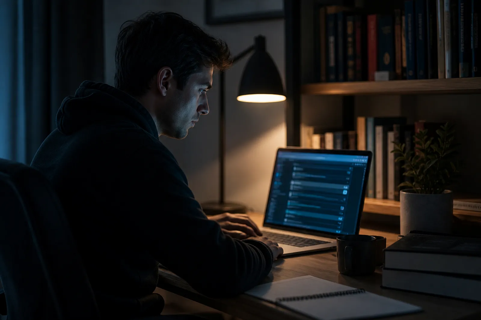 A researcher examines dark web resources on their laptop in a cozy workspace.
