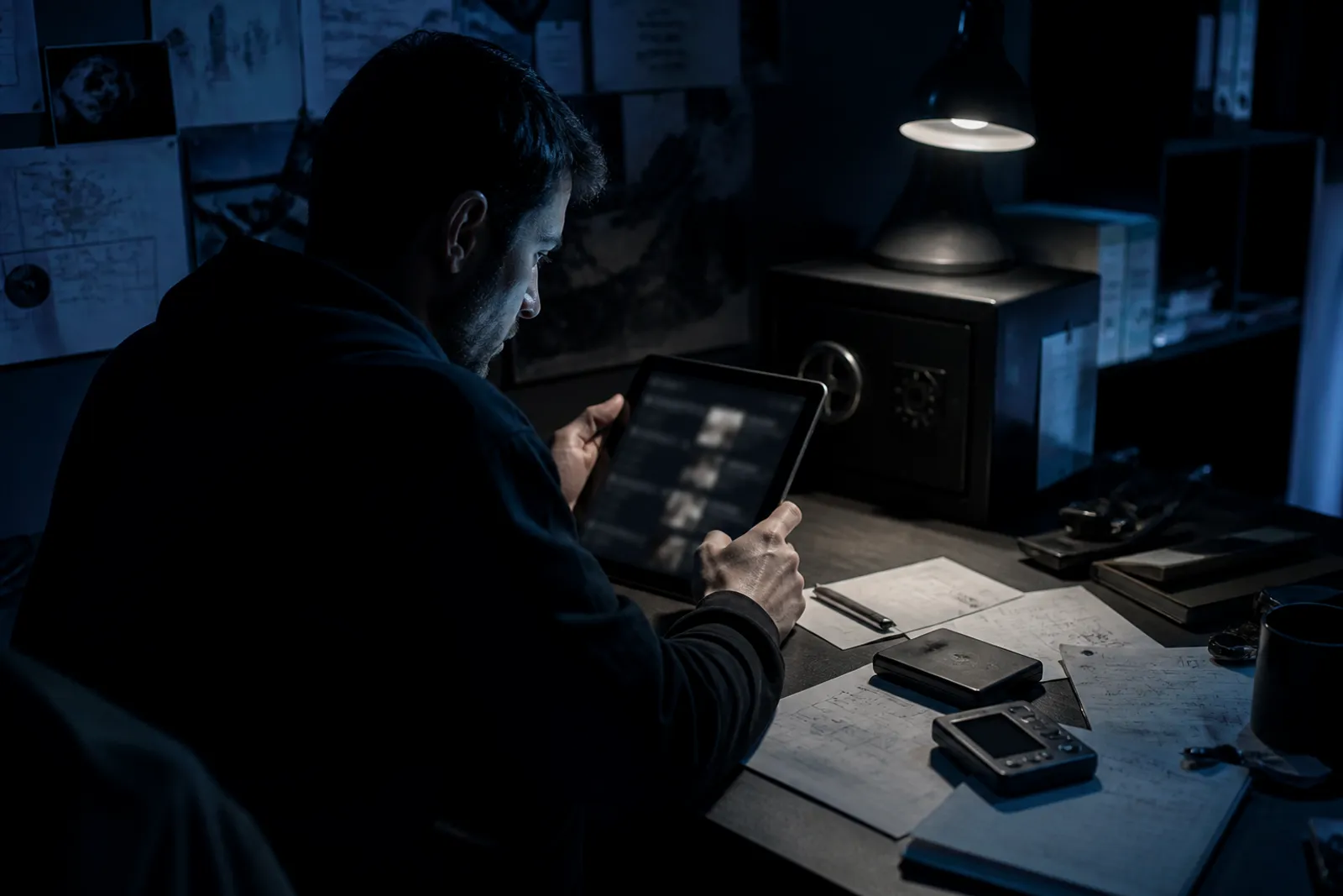 A user focused on dark web market listings while using a tablet in a dimly lit room.