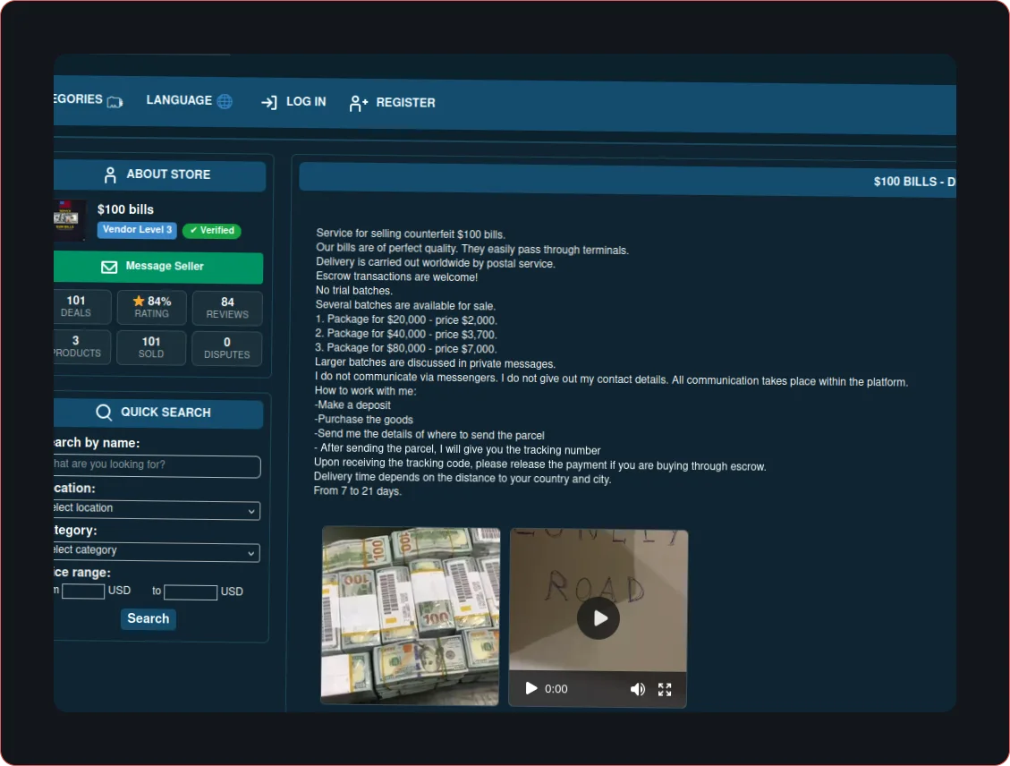 Website interface advertising fake counterfeit dollar bill sales