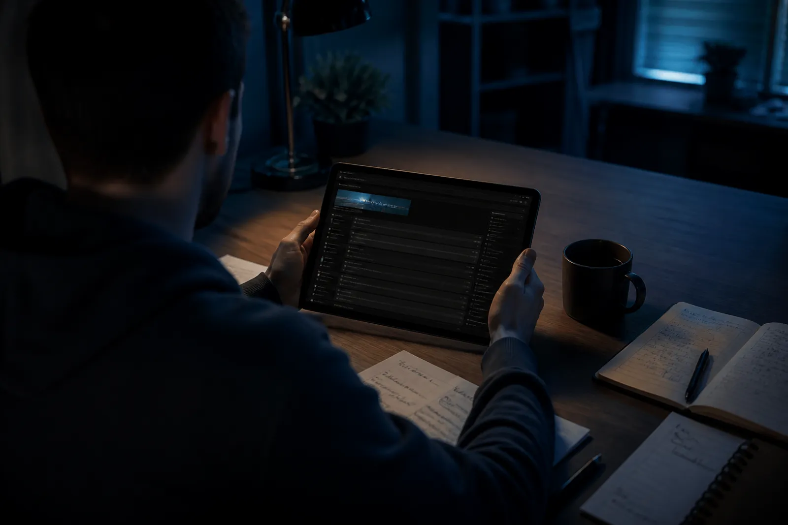 A person researching a dark web directory on a tablet in a cozy setting.
