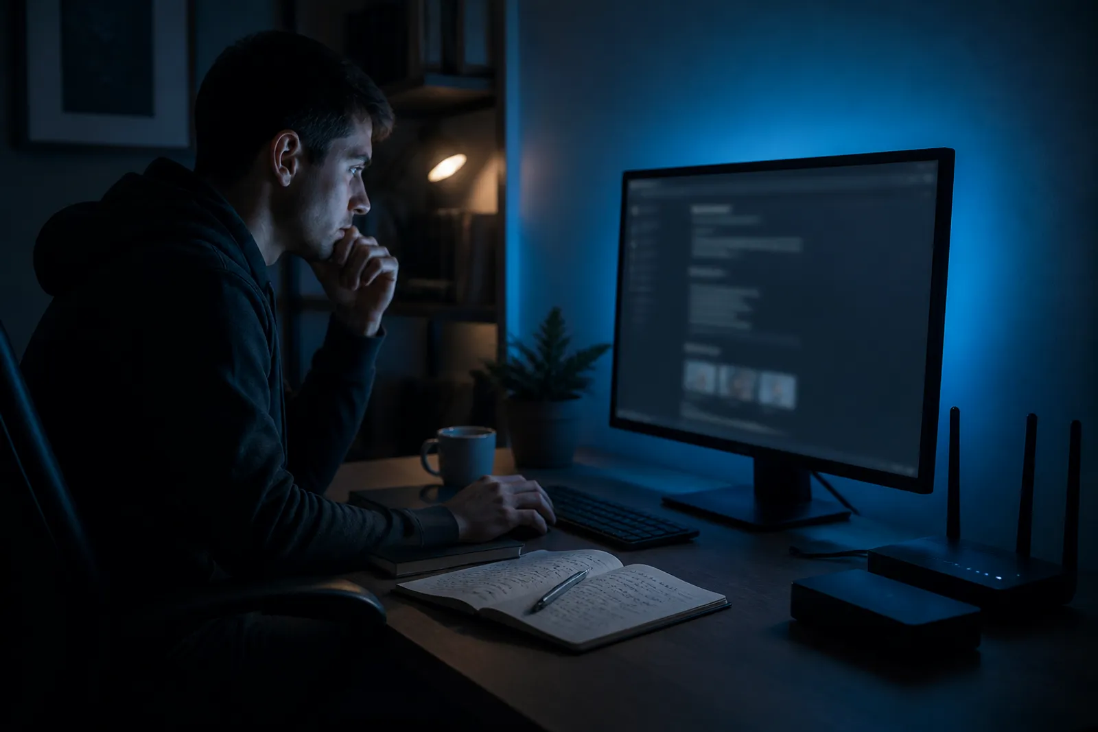A user engaged in research about dark web search engines at a modern desk.
