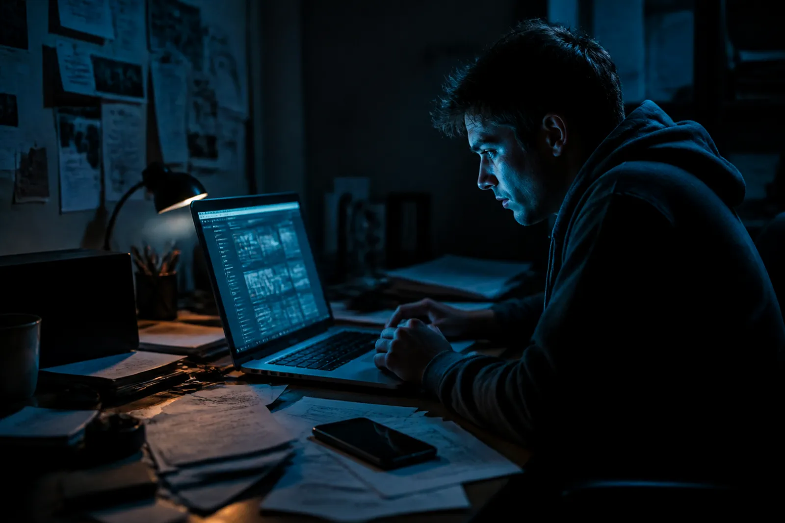 A user engaged in research on dark web forums at a desk.