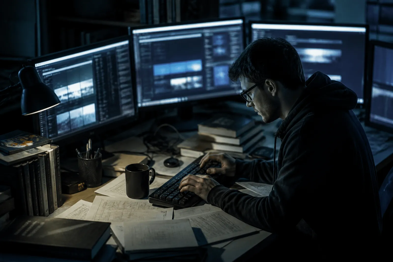 A researcher delves into the depths of the deep web databases in a low-light setting.