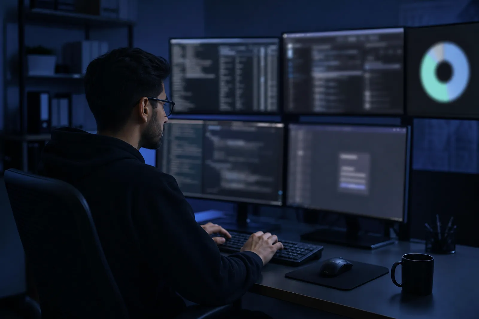 A person diligently analyzing dark web combo lists on multiple screens.
