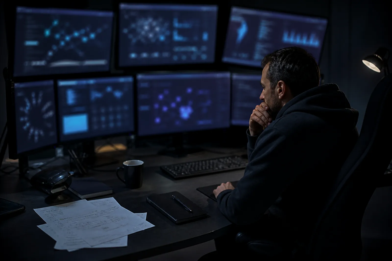 A cybersecurity analyst deeply engaged in reviewing dark web marketplace data.