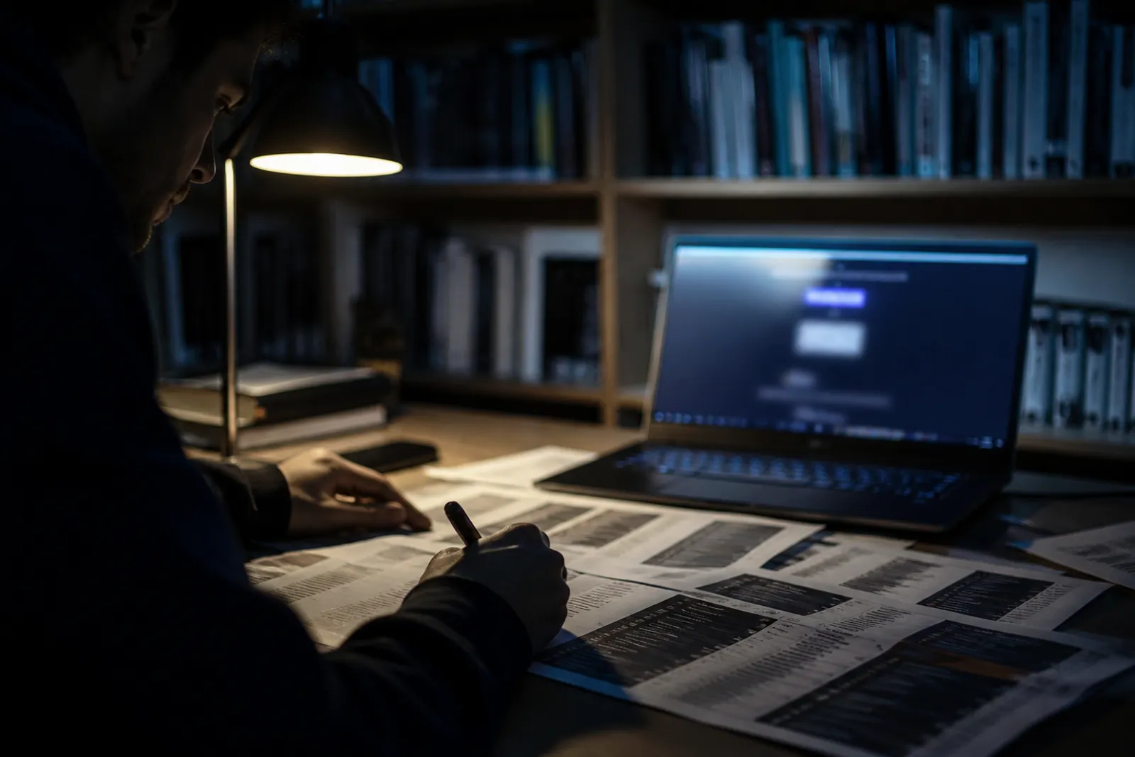 A researcher evaluates printed listings of .onion sites in a dimly lit room.