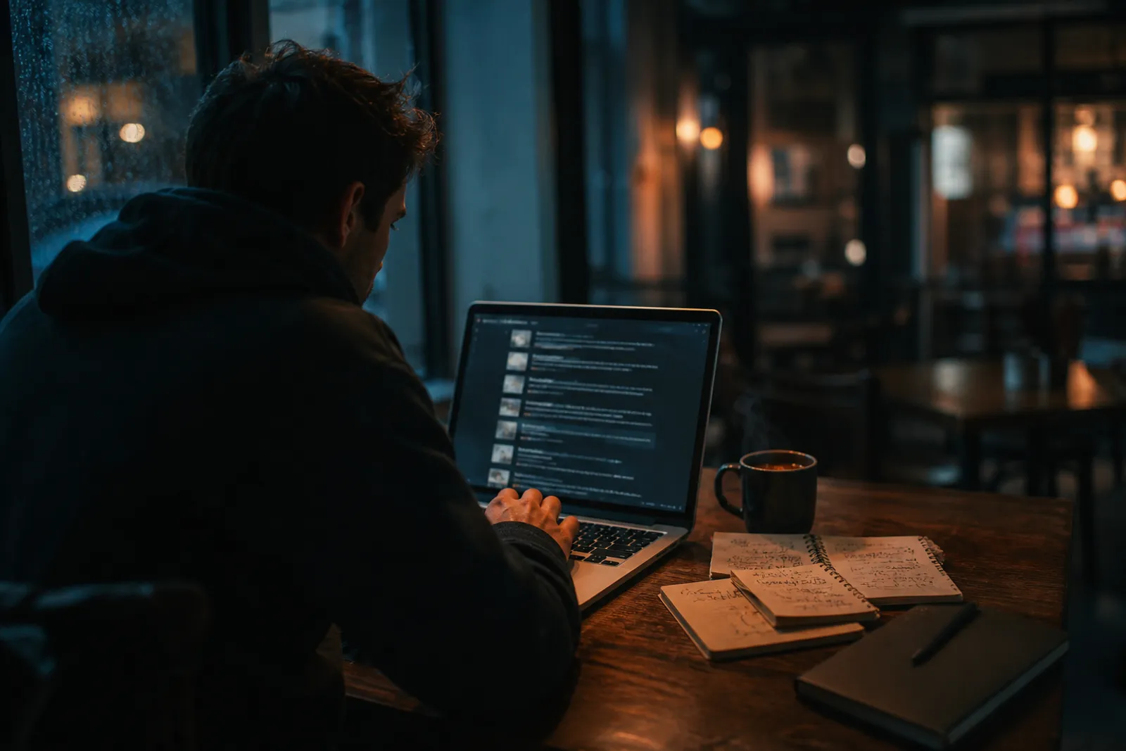 A user is engaged in exploring curated onion sites in a cozy café setting.