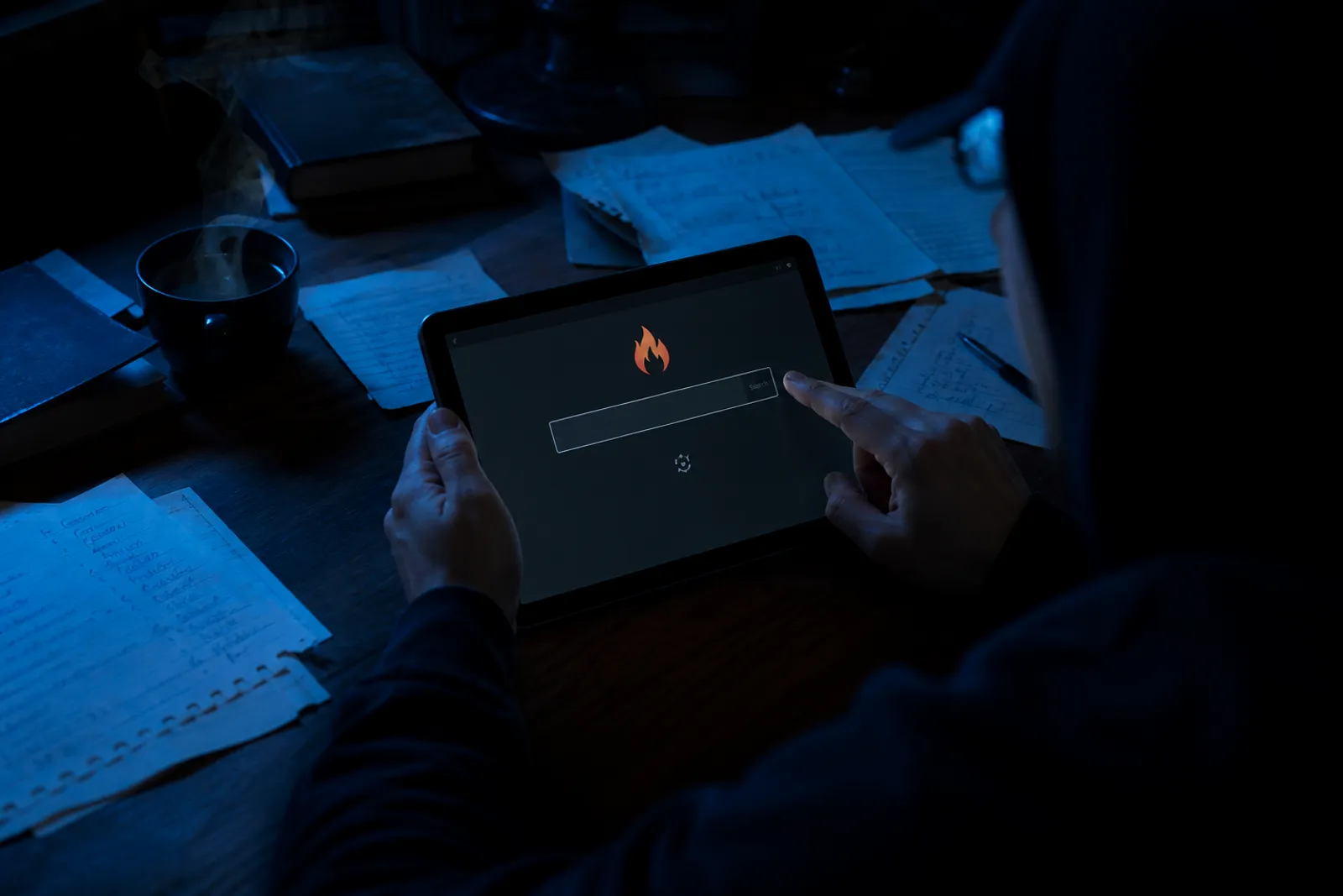 A person is examining the Torch search engine on a tablet in a cozy environment.