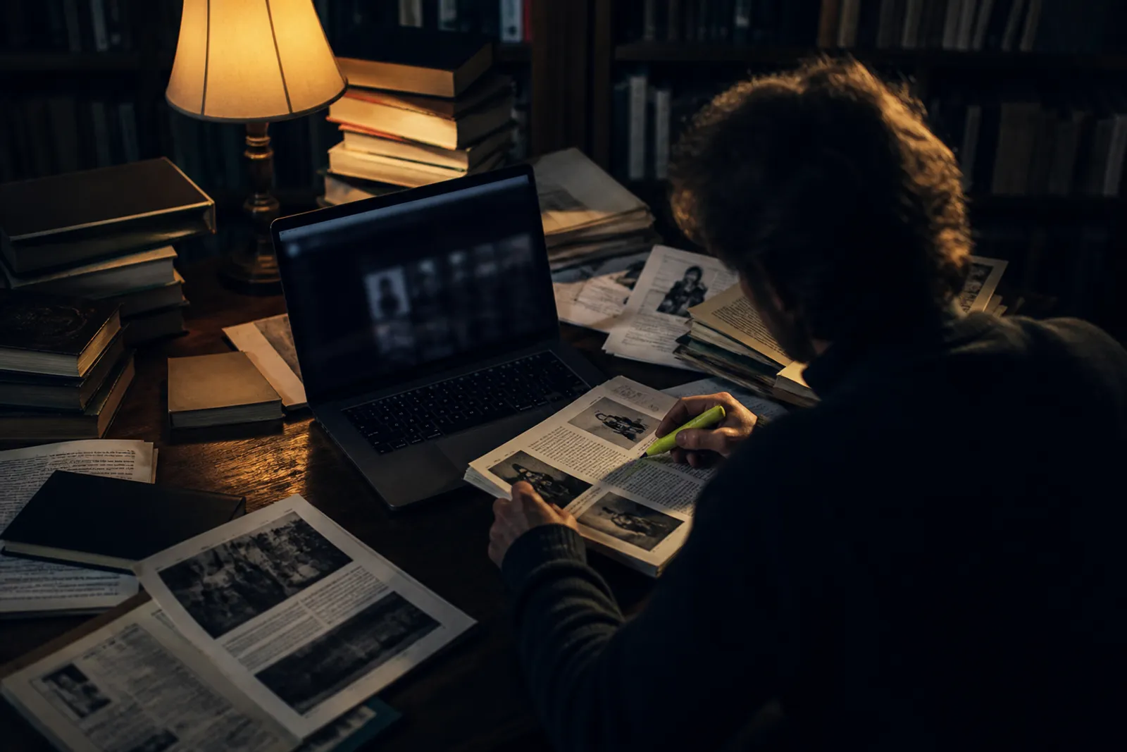 A researcher in a library studying documents about Silk Road operations.