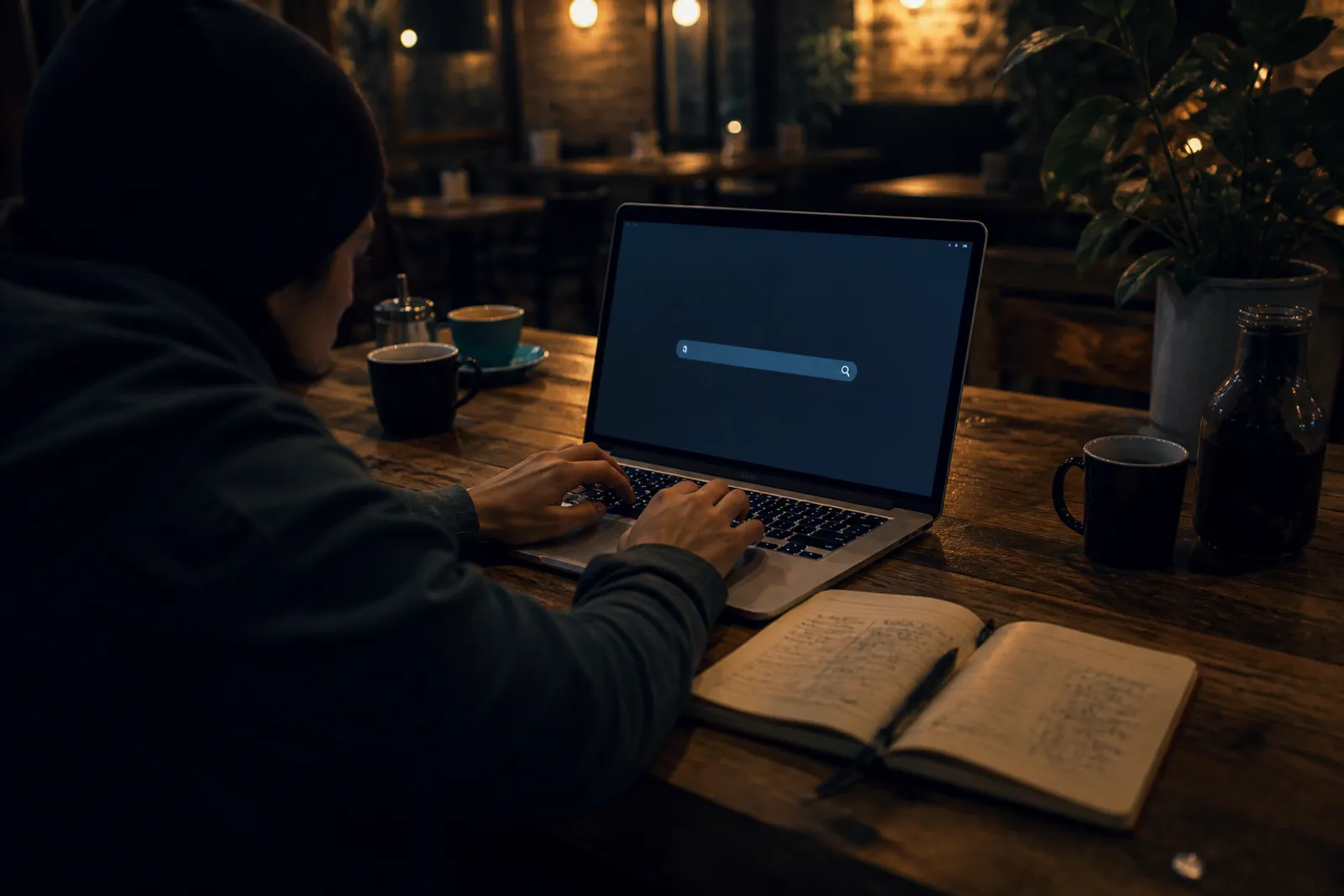A user explores DuckDuckGo on their laptop while seated in a warm café.