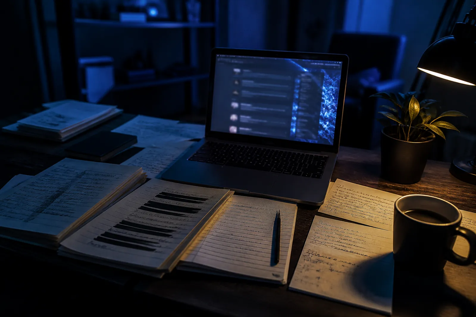 A workspace filled with notes and a laptop showing dark web resources.
